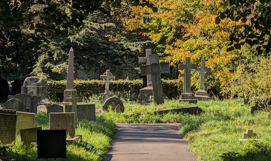 A peaceful cemetery scene featuring a paved pathway winding through rows of upright gravestones of various shapes and sizes made of dark and light stone, surrounded by lush green grass and foliage. Th