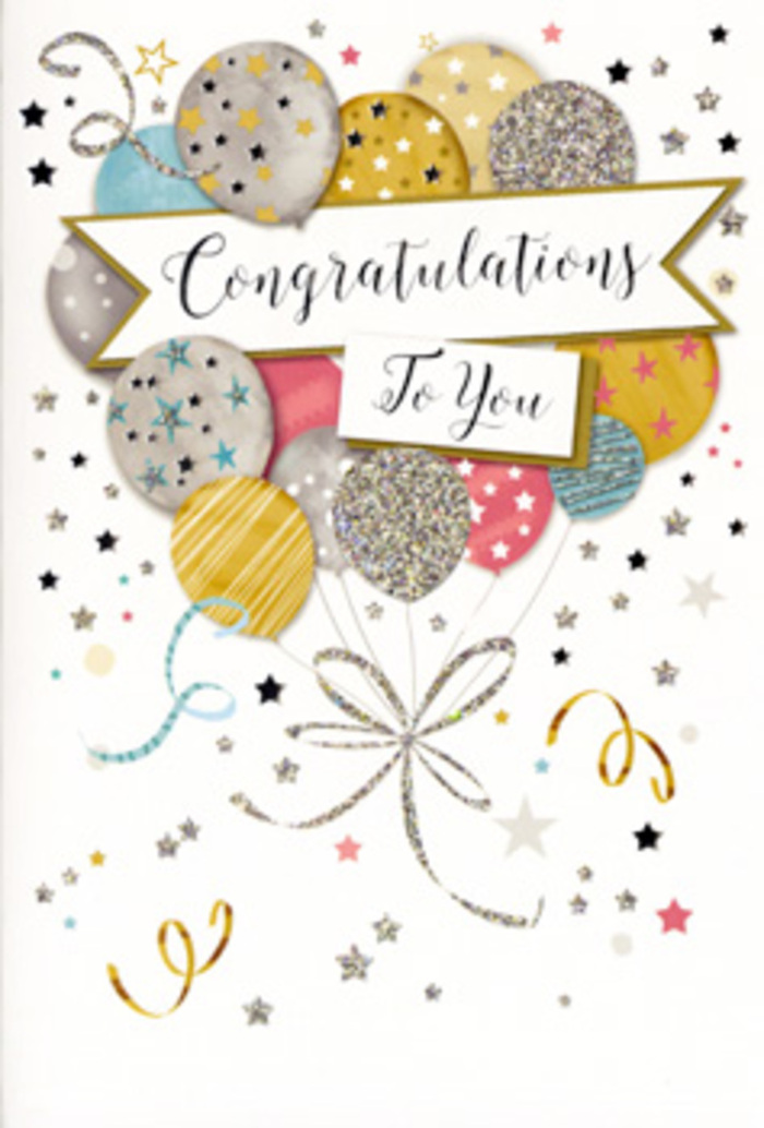 In this photograph, a tall, stylish congratulations card is shown upright, presenting a front design that feels like the visual equivalent of a raised glass in honour of someone's success. The centre of the card features a cluster of balloons arranged like a bouquet, carefully layered so some are pushed forward while others recede, giving a soft sense of depth. Their colours harmonise beautifully: luminous gold, cool silver, soft champagne, airy sky blue, delicate blush pink, and a muted grey that grounds the palette. Each balloon carries subtle ornamentation-glittered speckles, miniature star patterns, or thin stripes-so no two are exactly alike, much like carefully selected stems in a custom arrangement leaving a Brompton florist shop. From the base of the balloon bouquet fall narrow metallic ribbons, sketched in sweeping lines of gold and silver that curl and twist, creating a feeling of movement and tying the composition together with effortless grace. A broad banner stretches across the midpoint of the image, bearing the phrase Congratulations To You in flowing calligraphic lettering that suggests care and intention, as if written with a fountain pen on a special note. Around the central motif, the pale background is enlivened with small metallic stars, confetti dots, and looping swirls scattered lightly, reminiscent of the lively yet refined atmosphere of celebrations near the Brompton museums or along nearby garden squares. The overall impression is one of understated glamour and genuine happiness, perfectly suited to commemorate graduations, promotions, or personal achievements. This is the kind of card that pairs naturally with elegant flowers for same-day delivery across Brompton when you want your congratulations to feel truly memorable.