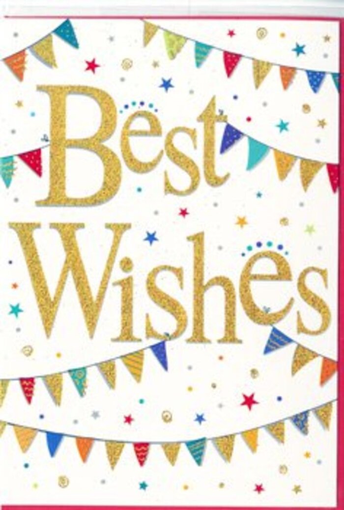 A close-up view of a celebratory Best Wishes card reveals a design that feels perfectly suited to send with flowers across the Brompton area, where classic style meets modern vibrancy. The card is made from smooth, white card stock, its surface untextured and luminous, providing an uncluttered stage for the artwork. At the heart of the composition, the phrase Best Wishes runs across the card in a sweeping script of golden letters. The gold is richly pigmented and dusted with a fine glitter, so each curve catches the light and appears to sparkle gently, reminiscent of evening lights glinting off polished stone along the nearby museums and galleries. The words are slightly raised from the surface, giving them a tactile quality that suggests thoughtfulness and care. Encircling this central message, strings of bunting drape gracefully from one side of the card to the other, one arc near the top and another near the bottom. Each petite triangular pennant on these strings is painted in bright, harmonious colours-cobalt, cherry, grass green, and lemon-with tiny patterns of dots, stripes, and diamond shapes. These details bring to mind festive flags hung for a private celebration in a Brompton garden, lively yet tastefully arranged. Scattered throughout the remaining space are tiny star motifs and dot-like confetti in coordinating hues, some appearing more opaque, others lighter and softer. They give a sense of motion, as though they are drifting gently around the gold lettering. The design as a whole strikes a balance between exuberance and refinement, leaving ample white space so the eye can rest. This card feels right for congratulating someone on a promotion, a new home, or a special achievement, carrying a message of optimism and support with understated elegance.
