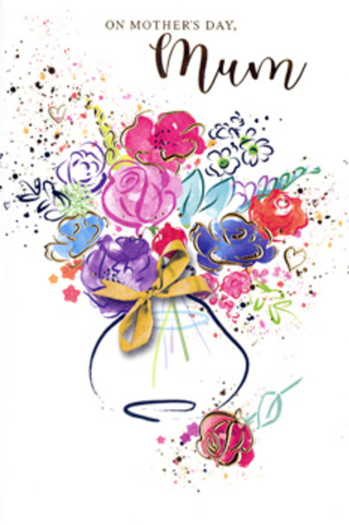 In this elegant Mother's Day card illustration, an artistic bouquet unfolds in watercolour, as if inspired by the refined yet lively atmosphere around Brompton and South Kensington. Dominating the centre are voluptuous blooms in cerise, hot pink, and soft rose, their petals painted in layered washes that create depth and softness at once. Here and there, confident lines of inky indigo outline parts of the petals and leaves, giving definition similar to a florist's sketch marks made while planning an arrangement. Surrounding these focal flowers, pools of delicate lavender, lilac, and pale blue spread outward in gentle transitions, suggesting complementary blossoms and airy filler blooms that lighten the overall mood. Slight hints of fresh green and warm apricot peek through, evoking the mixed textures of a hand-gathered bouquet. Fine, glimmering strokes of gold accent key curves and spill into tiny dots, reminiscent of light glancing off a polished vase in a stylish Brompton Flowers studio. The stems appear to converge into a subtly rendered vase at the base of the design, its rounded, tapering shape indicated through soft blue-grey washes and minimal linework, allowing the flowers to remain the true focus. Around the main arrangement, expressive splatters, little hearts, and scattered flecks of pigment dance across the white background, giving a sense of spontaneity and celebratory joy, like the buzz of families emerging from nearby museums on a spring afternoon. Overall, the image radiates affection, gratitude, and gentle sophistication-a paper bouquet that captures the warmth of the bond between mother and child in every carefully placed stroke.