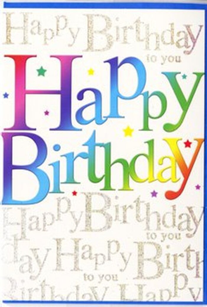 The birthday card pictured here has a refined yet exuberant look, reminiscent of the balanced elegance you might see walking the quieter streets around Brompton, where colour is used with purpose. At the centre, the words Happy Birthday stand proudly in large, rounded block letters that fill most of the front panel. Every letter wears a gradient wash of colour, shifting from intense ruby and cherry red into juicy orange and golden yellow, then flowing into crisp green, cool blue, and soft violet. The transitions between hues are gentle and velvety, avoiding harsh lines and instead suggesting the natural gradation you might find in a carefully arranged bouquet. This bold, colourful message is layered over a sophisticated background: a soft ivory surface completely covered with rows of repeating cursive text, each line reading Happy Birthday to you in shimmering gold ink. The script has a hand-written charm, with loops and flourishes that entwine delicately behind the main letters, like fine gold filigree. Tiny accent shapes-stars, dots, and flecks in various rainbow tones and touches of gold-are sprinkled lightly around the large words, bringing an air of confetti and celebration without cluttering the design. The finish of the card appears smooth and slightly reflective, so that when light hits it, the gold script glows gently and the coloured letters gain extra depth. The overall effect is joyful yet tasteful, the kind of birthday card someone in Brompton might pair with an elegant bouquet from a local florist, creating a complete gesture of celebration that feels both personal and beautifully presented.