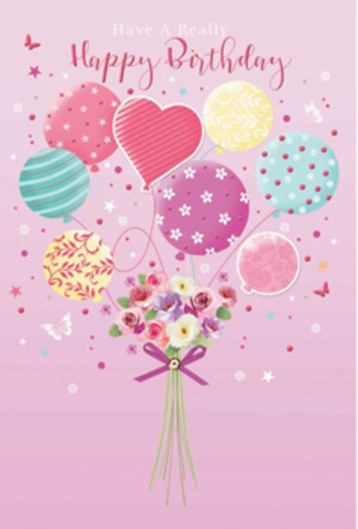 Refined birthday card artwork featuring a floating cluster of pastel balloons and a hand-tied bouquet, evoking the tranquil elegance of Brompton's tree-lined avenues just off the busy Brompton Road. The entire scene rests on a soft rose-pink backdrop, which gives the impression of looking into a warm, glowing window display at dusk. At the heart of the image, a bouquet of balloons rises gracefully - blush pinks, gentle lemons, cool teals, and lilacs blending in a soothing palette. Each balloon bears its own design, from curling ribbon stripes to dotted patterns and delicate floral swirls, with a heart-shaped balloon quietly suggesting affection near the centre. Beneath this airy cluster, a dainty bouquet of petite roses and daisy-like blossoms forms a grounded focal point, their petals shaded from cream to blush and deepening into rosy accents, like flowers just opened in the morning light. Hints of fresh greenery peek through the blooms, and the stems come together in a compact bunch, tied with a sparkling purple bow that has a smooth, satin-like sheen. Light seems to pour softly over the illustration, catching the gleam of each balloon and the subtle texture of every petal, creating a sense of depth and gentle movement. Tiny butterflies and starry flecks hover nearby, reminiscent of scattered confetti after a quiet birthday toast in a Brompton townhouse. The result is a composition that balances playfulness with sophistication, a visual expression of birthday joy that feels both artful and heartfelt, as if composed by an experienced local florist with an eye for romance and detail.