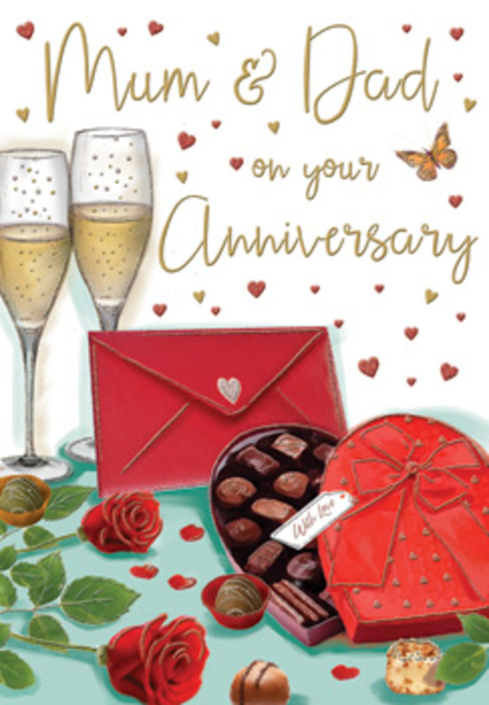 Detailed anniversary card artwork depicting a romantic still life, perfectly suited to celebrating devoted parents in Brompton with refined yet heartfelt style. The central focus is a pair of crystal-clear champagne flutes, tall and elegant, placed close together on a pale tabletop. Each glass holds sparkling golden champagne, with fine streams of bubbles rising inside and faint reflections shimmering along the rim, as if catching the glow of nearby candles. In front of the glasses, a heart-shaped box of chocolates sits slightly angled, its rich red surface softened by shading that suggests a velvety finish. A grand satin bow in matching crimson crowns the lid, its wide ribbons crossing and curling naturally. The lid is lifted to reveal an enticing selection of chocolates, each nestled in a small wrapper, arranged so that different shapes and tones of brown peek out. To one side, two red roses lie gracefully on the table, their petals thick, layered, and deeply coloured, framed by glossy dark green leaves that look freshly snipped from a Brompton Flowers bouquet. A bold scarlet envelope rests nearby, carefully sealed and positioned as though just set down after being addressed to Mum & Dad with affectionate care. All around, tiny golden and crimson hearts drift gently across a lightly textured, cream background, adding movement and romance without overwhelming the main subjects. The mood feels like a quiet celebration in a Brompton flat off Thurloe Square or near the museums: the imagined scent of roses and chocolate mingling with the clink of glasses, capturing the warmth of an anniversary evening shared between partners and honoured by their family.