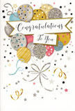 The image displays a beautifully designed congratulations card standing against a simple, neutral setting, allowing its festive artwork to take centre stage. At the heart of the card floats a bouquet-style cluster of balloons, each one illustrated with care and arranged so they appear to gently rise, as if lifting the spirits at a celebration near Brompton Road. The balloons come in a palette of soft metallic tones-gentle gold, bright but refined silver, warm champagne, light sky blue, tender blush pink, and subtle grey. Their surfaces are adorned with different decorative touches, from sprinkled glitter to tiny stars and slender stripes, creating visual interest and a sense of texture. From the base of the cluster, thin metallic ribbons trail downwards in curling lines of gold and silver, mirroring the look of real ribbons cascading from a hand-tied bouquet crafted in a Brompton Flowers studio. A sweeping banner crosses the centre of the design, carrying the message Congratulations To You in elegant, looping script that feels heartfelt and sincere. Around the main motif, scattered star shapes, confetti dots, and swirling doodles dance lightly across the pale background, evoking the joyful buzz of a promotion party or graduation gathering near South Kensington or Knightsbridge. The card's overall style is chic and celebratory without being overpowering, making it ideal for marking any proud milestone-from exam results to a new role or a hard-earned achievement. It is an image of refined celebration, perfectly suited to accompany fresh flowers when sending warm congratulations throughout the Brompton area.