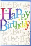 This birthday card offers the same kind of cheerful finesse you might expect from a well-dressed window near Brompton Road, where colour and detail are harmoniously balanced. Dominating the front, the words Happy Birthday appear in broad, softly curved letters that read clearly at a glance. Each letter is shaded with a flowing rainbow gradient, moving from bold reds and oranges through lemon yellow and bright green into cool blue and gentle lavender. The colours blend seamlessly, giving the text a sense of dimensionality and liveliness, like a row of balloons or a ribbon of confetti unfurling across the card. Behind this main greeting, the background is filled entirely with fine, gold-foil-style script, repeating Happy Birthday to you line after line in a beautifully looping hand. The gold cursive adds a luxurious shimmer, catching the light when the card tilts, but it remains discreet enough to let the central message shine. Small, scattered stars and specks of colour echo the rainbow tones and punctuate the space around the letters, suggesting the sparkle of a party just begun. The surface appears smooth and semi-gloss, enhancing both the depth of the colours and the glint of the metallic script. It's easy to imagine this card resting beside a vase of fresh flowers in a Brompton home, adding a bright, modern burst of happiness to the room-a thoughtful finishing touch for a birthday surprise that feels stylish, heartfelt, and warmly celebratory.