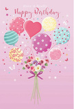 Whimsical birthday illustration presenting a pastel balloon bouquet and hand-tied flowers, capturing the feeling of a light, happy celebration near Brompton's elegant garden squares. The background is a soft blush pink that wraps the scene in warmth and calm. In the centre, a group of balloons drifts upward, painted in airy shades of rose, aqua, soft yellow, mint, and lilac. Each balloon has a distinct personality: some spiral with candy-coloured stripes, others are dusted with playful polka dots, and a few feature delicate floral and star patterns. A heart-shaped balloon nestles among them, radiating a sense of affection and thoughtful wishes. Suspended below is a compact bouquet of petite roses and anemone-like blossoms, their petals feathery and layered in creamy ivory, blush, and muted mauve, as though freshly arranged at Brompton Flowers for a special birthday surprise. The stems are gathered neatly and bound with a violet satin bow that glows softly where the light appears to catch it, mirroring the gentle sheen on the balloons above. Scattered around, tiny butterflies and star-shaped specks float like confetti in a light breeze coming off nearby Thurloe Square, adding a touch of storybook magic. The whole composition feels like a tender snapshot of birthday joy - not loud or overwhelming, but quietly radiant, filled with colour, softness, and the unspoken sentiment of giving flowers and balloons to someone dearly loved.