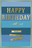 A calm and graceful birthday card in layered blues and luminous gold is shown standing upright, as if waiting to accompany a bouquet delivered to a Brompton doorstep. The background consists of broad, horizontal stripes running the width of the card, each stripe a subtly different blue-deep navy melting into denim, teal, and finally a soft, pale sky blue. These colour bands blend into one another in a gentle ombré transition that creates a sense of depth and serenity, like watching the sky shift above the rooftops along Brompton Road. Centred within this tranquil field of blues, the message HAPPY BIRTHDAY is embossed in prominent gold lettering. The capital letters are raised and polished, catching the light with a quiet gleam that signals celebration while remaining tasteful and restrained. Directly beneath the greeting, a thin golden flourish curves elegantly across, bridging the space between the headline and the three narrow banners below. These banners, also embossed in gold, are stacked neatly on top of one another, each bearing part of a warm, inviting sentiment that urges the recipient to relax, have a great day, and enjoy their birthday. A delicate gold border traces the outer edge of the card, framing the design in a tidy, refined line that makes the whole piece feel composed and considered. The matte look of the blues contrasts beautifully with the smooth, reflective gold, suggesting a tangible richness to the card stock. Its overall mood is restful yet joyful-a quietly luxurious birthday greeting perfectly suited to someone who favours subtle style, especially when paired with a thoughtfully arranged bouquet from a local Brompton florist.