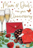 Illustrated anniversary card scene evoking a warm, luxurious celebration that would feel at home in Brompton's elegant townhouses and apartments. The composition centres on two slim champagne flutes, set close enough that their bowls almost touch, symbolising long-lasting partnership. Each glass is filled with light golden champagne, its effervescence captured in delicate streams of bubbles that glint softly as they rise. In front of them, on a smooth, pale surface, rests a heart-shaped box of chocolates in deep red, finished with a generous satin bow whose folds are rendered with subtle highlights and shadows. The lid is tipped open to reveal neat rows of chocolates, some rounded, some squared, each shining slightly as though freshly unwrapped. To the side, two rich red roses lie casually on the table, petals plush and velvety, their deep, romantic hue enhanced by the contrast of dark green leaves, much like the roses a Brompton florist might select for an anniversary bouquet order. A vivid scarlet envelope, sealed and resting at a gentle angle, hints at a handwritten note addressed to Mum & Dad, filled with family gratitude and love. Scattered around the arrangement, tiny crimson and gold hearts drift over a creamy background, adding whimsy and movement while still keeping the scene calm and composed. The lighting suggests a softly lit evening near Brompton Road or tucked behind Exhibition Road: intimate, candle-like, and full of quiet joy. Together, the champagne, chocolates, roses, and heartfelt card capture the tenderness and sweetness of marking another anniversary in a shared life.